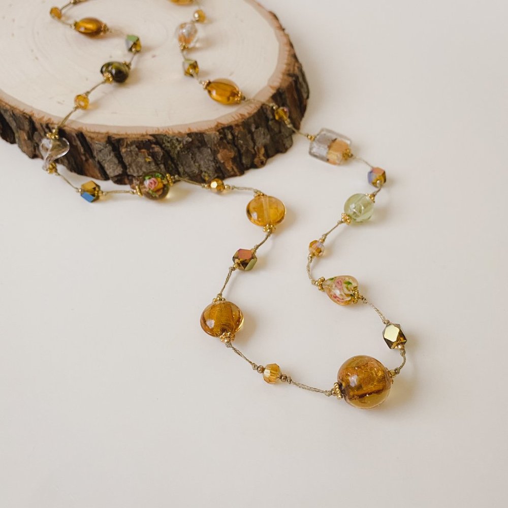Yellow Warm Amber Color Art Glass Knotted Station Beaded Gold Thread Necklace